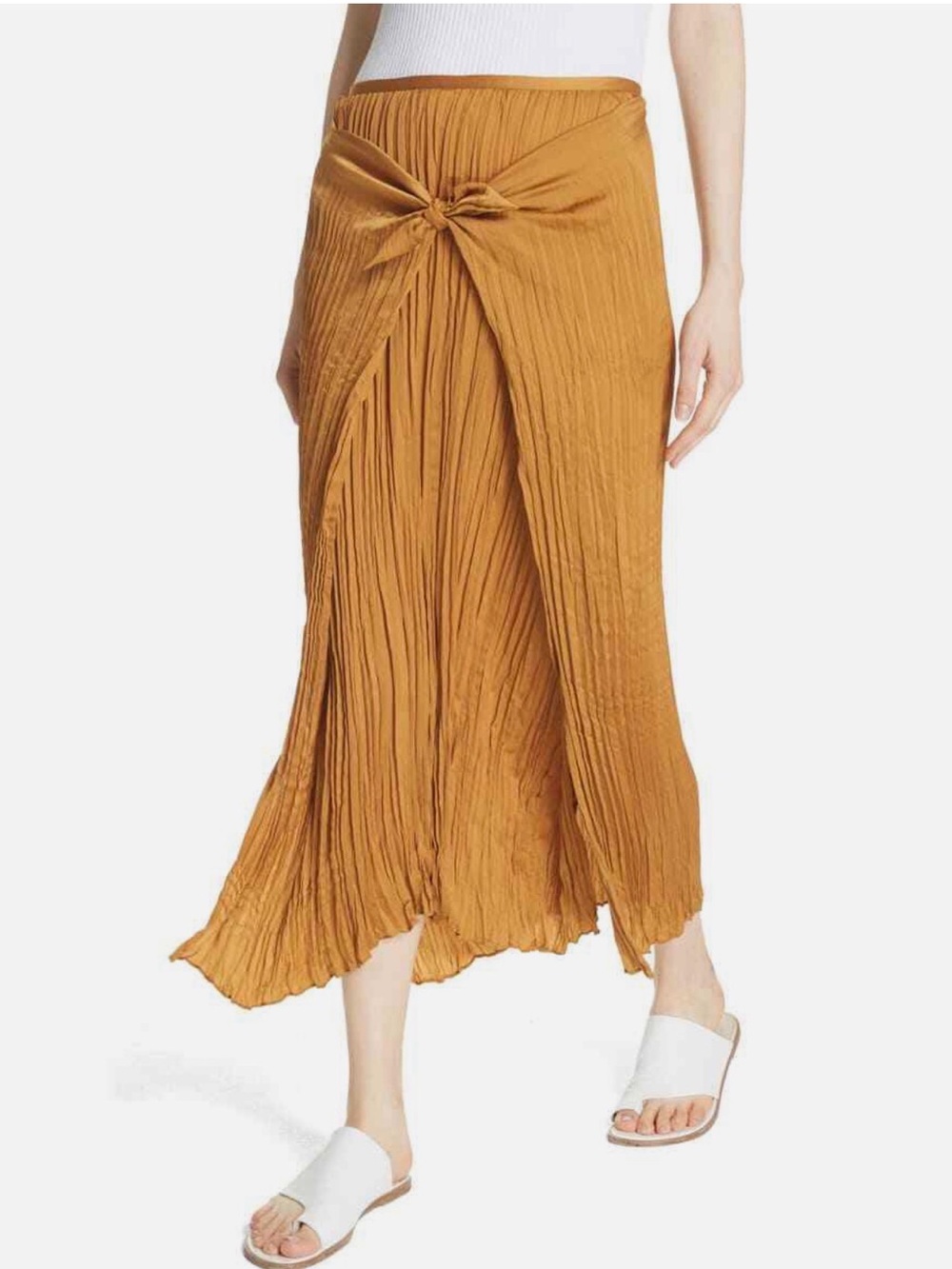 Vince Mustard Yellow Pleated Tie Front Midi Skirt L